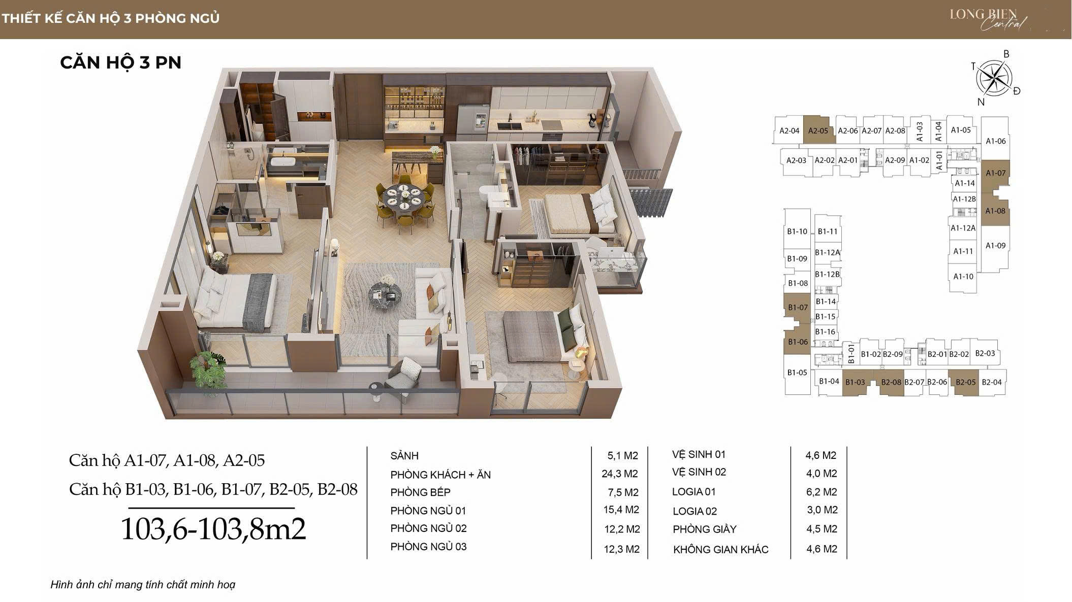 Thiết kế căn hộ chung cư 3 phòng ngủ chung cư taseco Long Biên Central Taseco Land