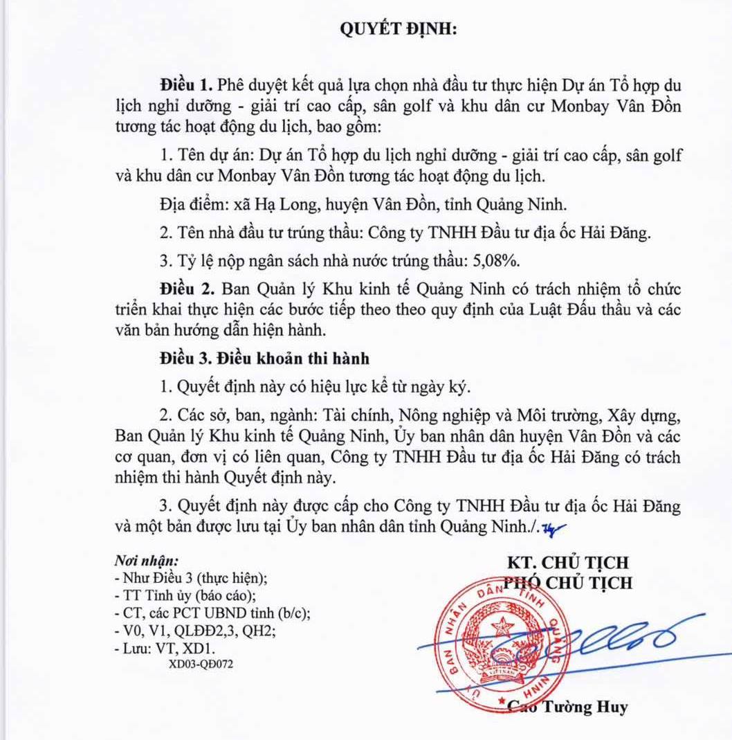 Phê duyệt nhà đầu tư dự án Monbay Vân Đồn