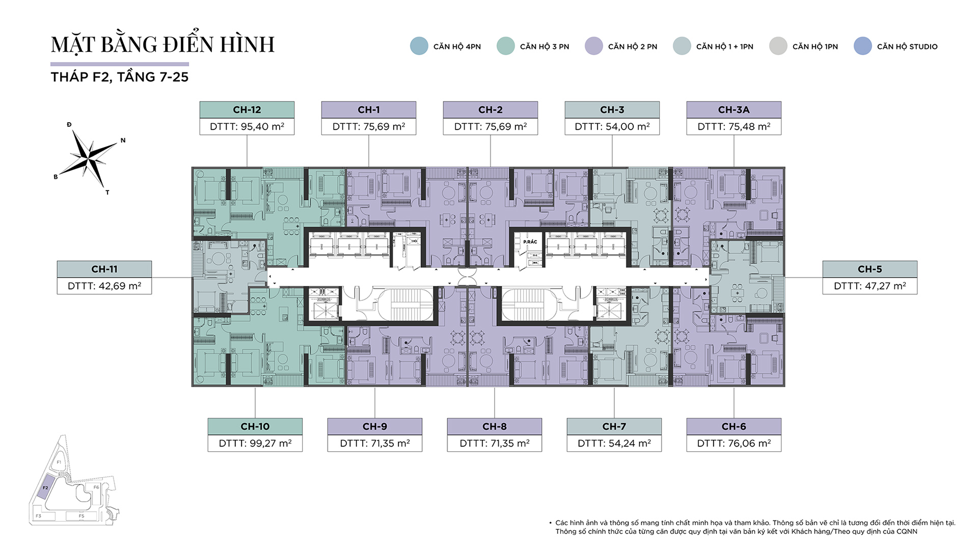 Mặt bằng tầng Tháp F2 Sun Feliza Suites tầng 7 đến tầng 25
